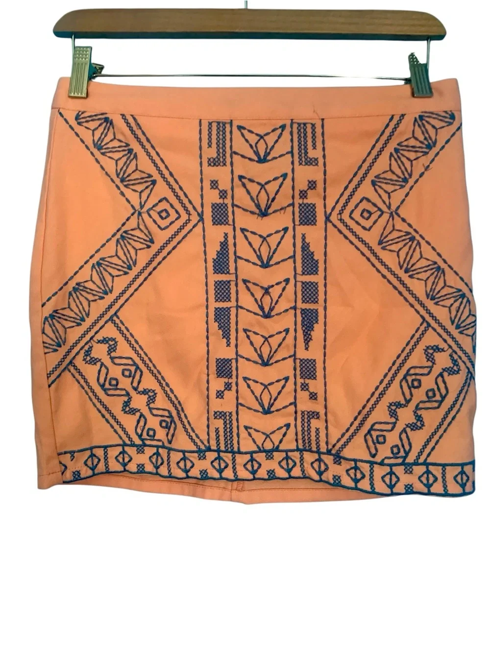Jealous Tomato Peach Coral Blue Embroidered Boho Chic Tribal Mini Skirt Size 6